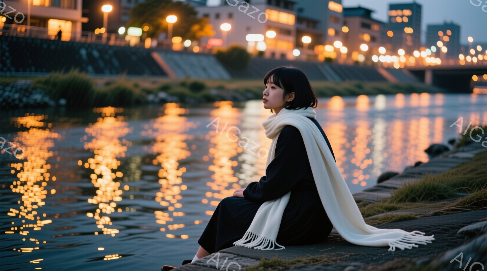 長い黒髪を肩のあたりで切り揃えた女性が、コンクリートの土手に腰掛けている。彼女は黒いコートのような服を着ており、首に白い長いスカーフを巻いている。背景には夜景が広がり、水面に反射する光が幻想的な雰囲気を醸し出している。