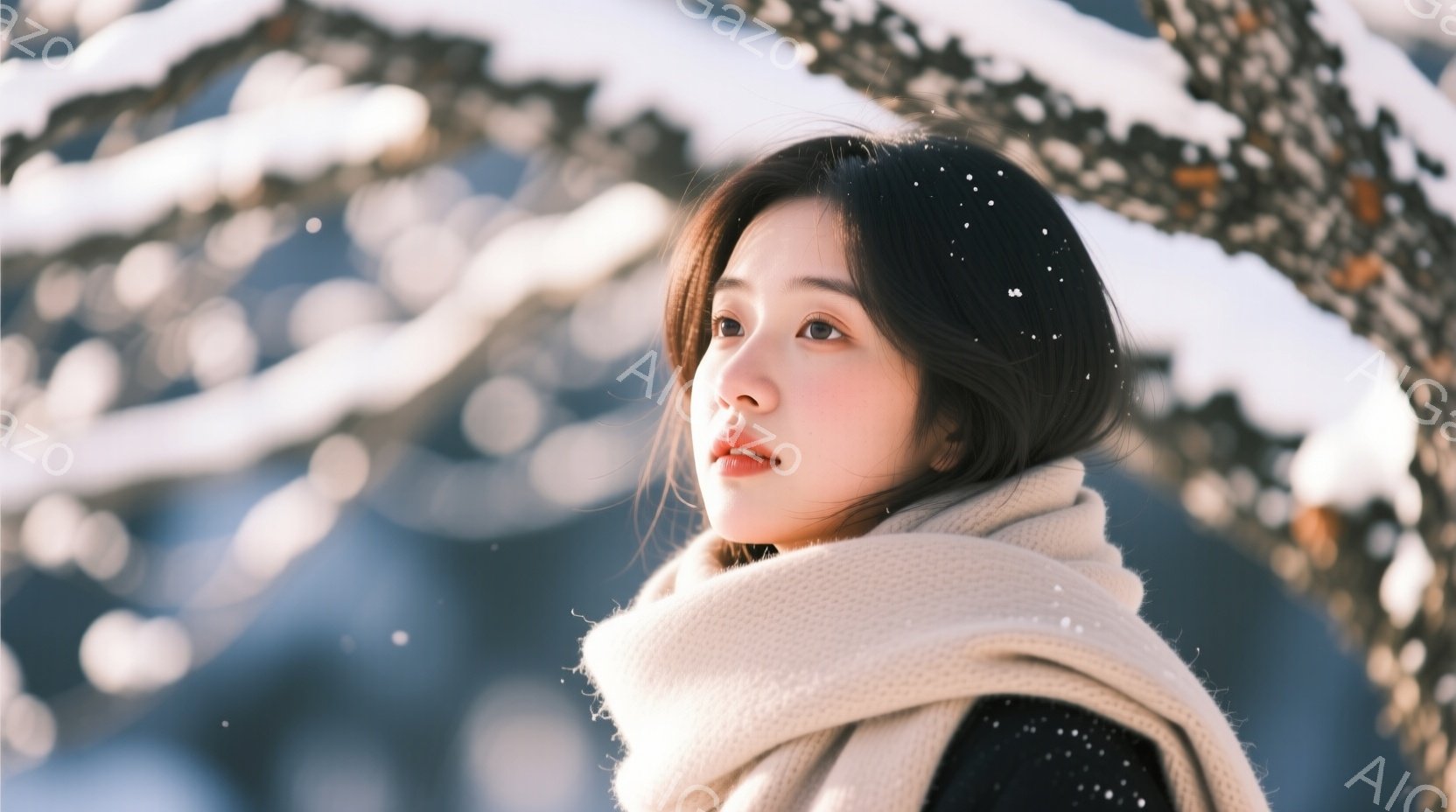 長い黒髪の女性が、オフホワイトのニットのショールで首を包み、少し上を見ている。彼女の表情は穏やかで、どこか物憂げな雰囲気を漂わせている。背景には雪に覆われた木々があり、舞い散る雪が幻想的な冬の景色を作 - AI生成フリー素材