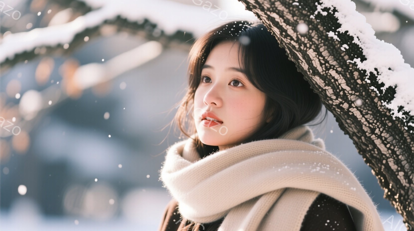 彼女は白い雪が舞う中で、ベージュ色の厚手のマフラーを首に巻き、暖色系のコートを着ています。髪は肩にかかる長さで、少しウェーブがかかり、顔は穏やかな微笑みを浮かべています。背景にはぼやけた建物と雪景色が - AI生成フリー素材