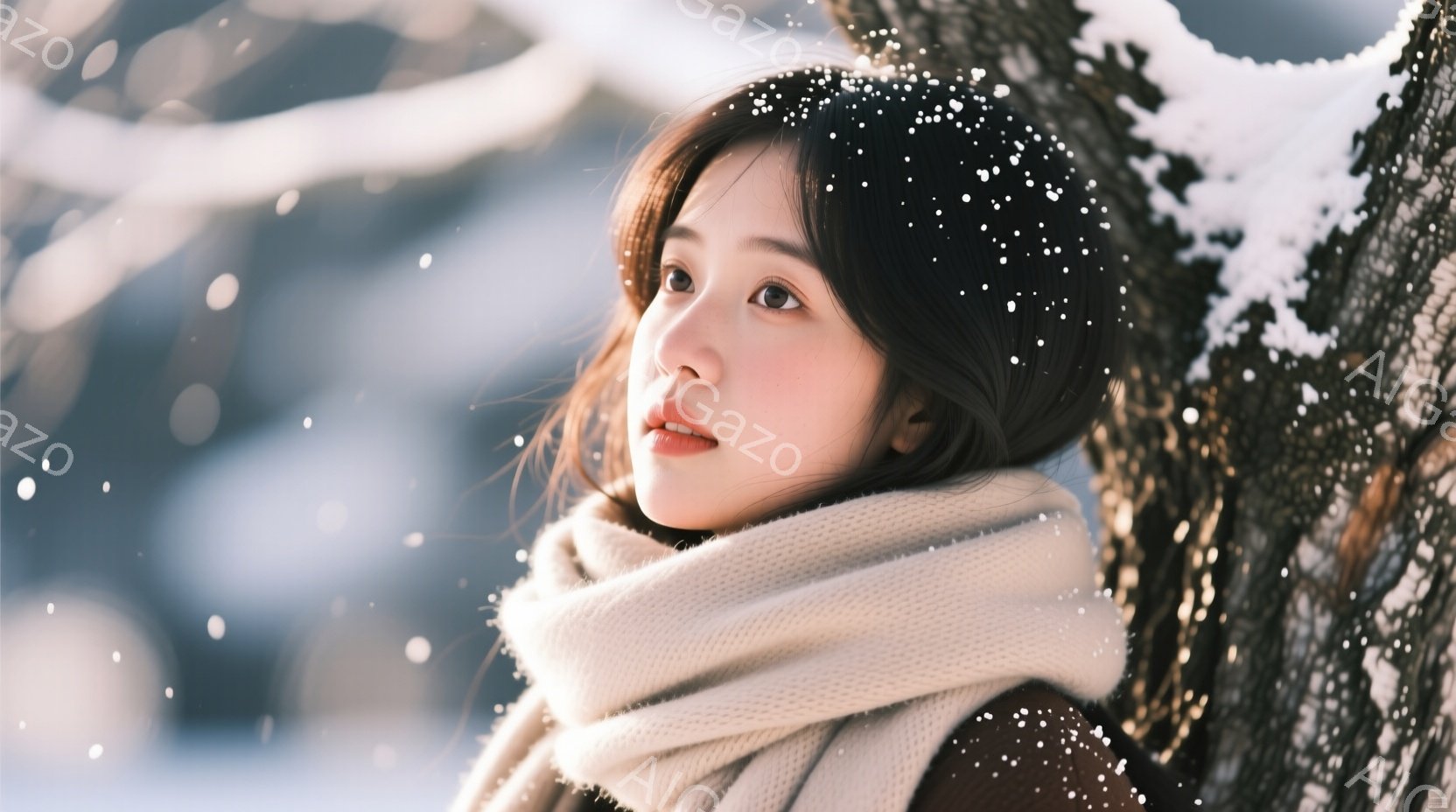 長い黒髪の女性が、白い厚手のマフラーを首に巻いています。彼女はわずかに横を向き、少し微笑んだ表情で、遠くを見つめています。背景には雪が舞い、木々がうっすらと見え、冬の静かで穏やかな雰囲気が漂っています - AI生成フリー素材