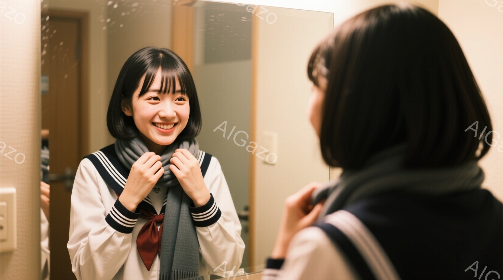 制服を着た若い女性が鏡の前でマフラーを巻いている様子が写っています。彼女は明るい笑顔で、少し上目遣いで自分の姿を見つめており、姿勢もリラックスしています。背景は控えめな室内で、壁の色や照明が暖かく、穏やかな雰囲気を醸し出しています。