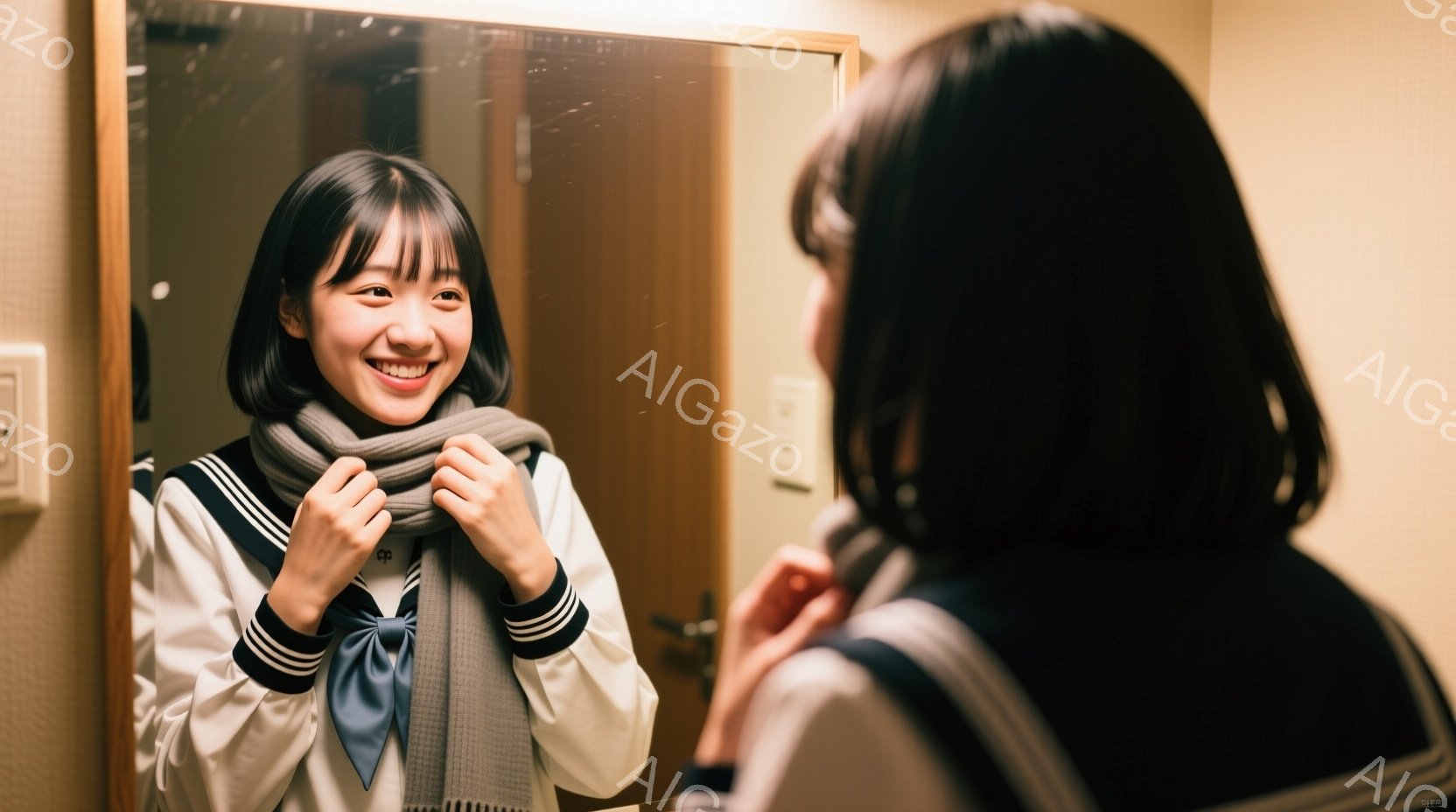 制服を着た若い女性が写っており、鏡に映った姿が捉えられています。彼女は笑顔で、首にグレーのマフラーを巻こうとしています。背景はシンプルな壁とドアで、室内であることが分かります。