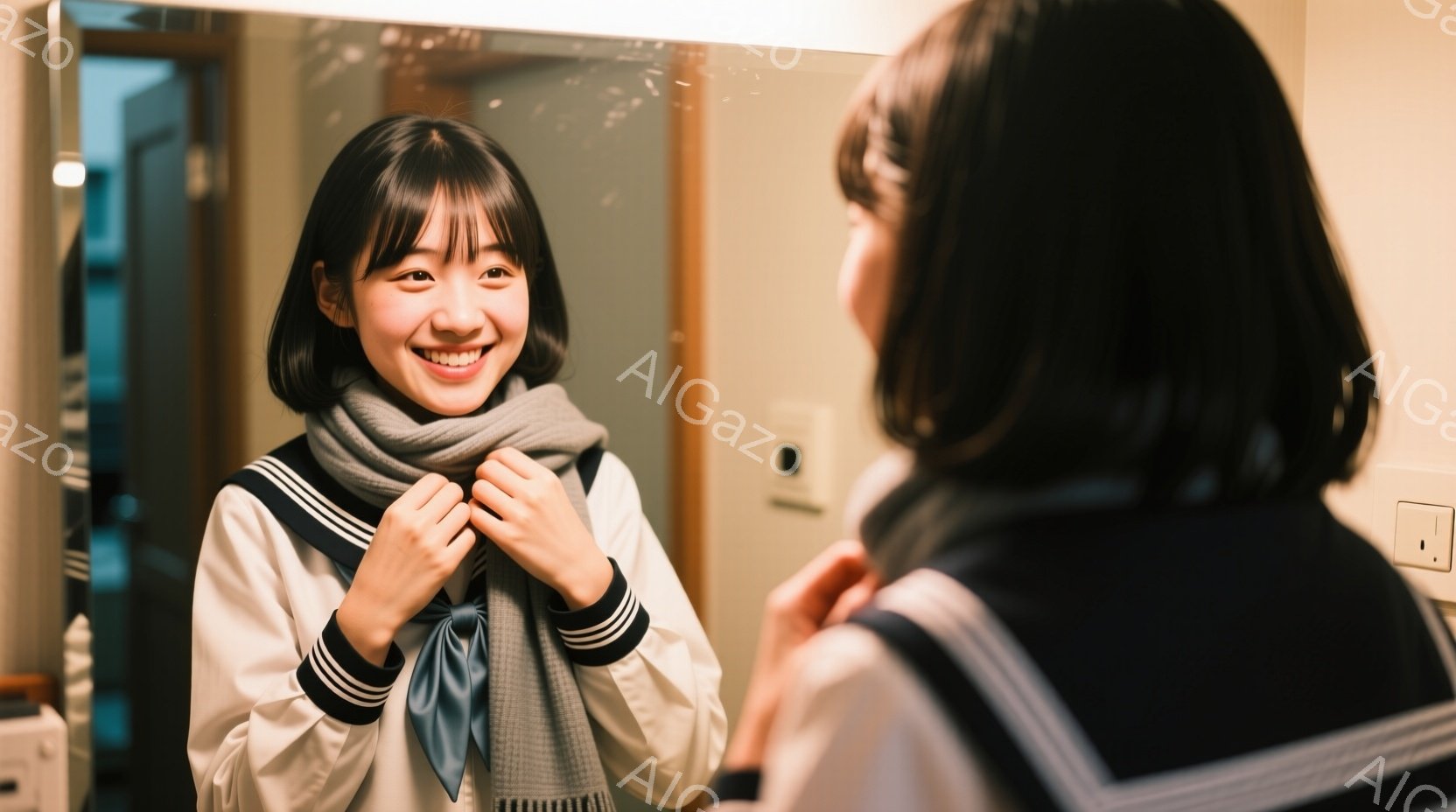 若い女性が鏡の前でスカーフを結んでいます。彼女は白いセーターに紺色のラインが入った服を着ており、前髪を少し長めに残したショートヘアで、笑顔を浮かべています。背景は薄暗い廊下のようであり、壁にスイッチが見えます。