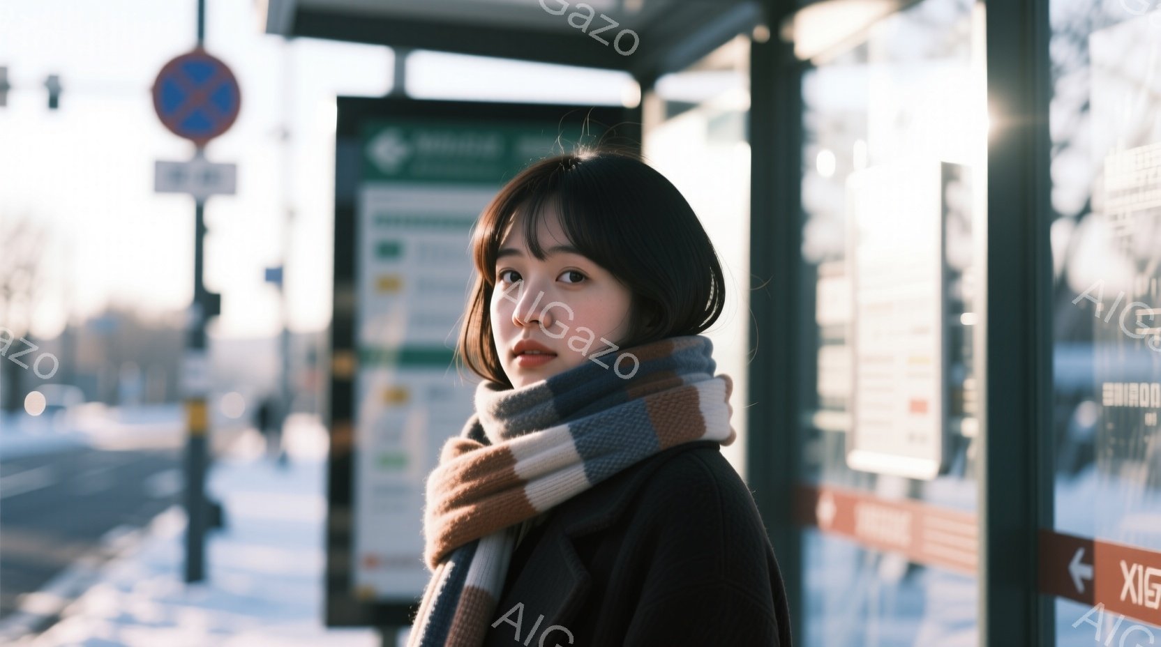 若い女性がバス停で立っており、黒いコートとチェック柄の巻き物を身に着けています。彼女は少し微笑んでおり、視線はわずかにずれています。背景には雪景色とバス停の標識が見え、全体的に冬の穏やかな雰囲気を醸し出しています。