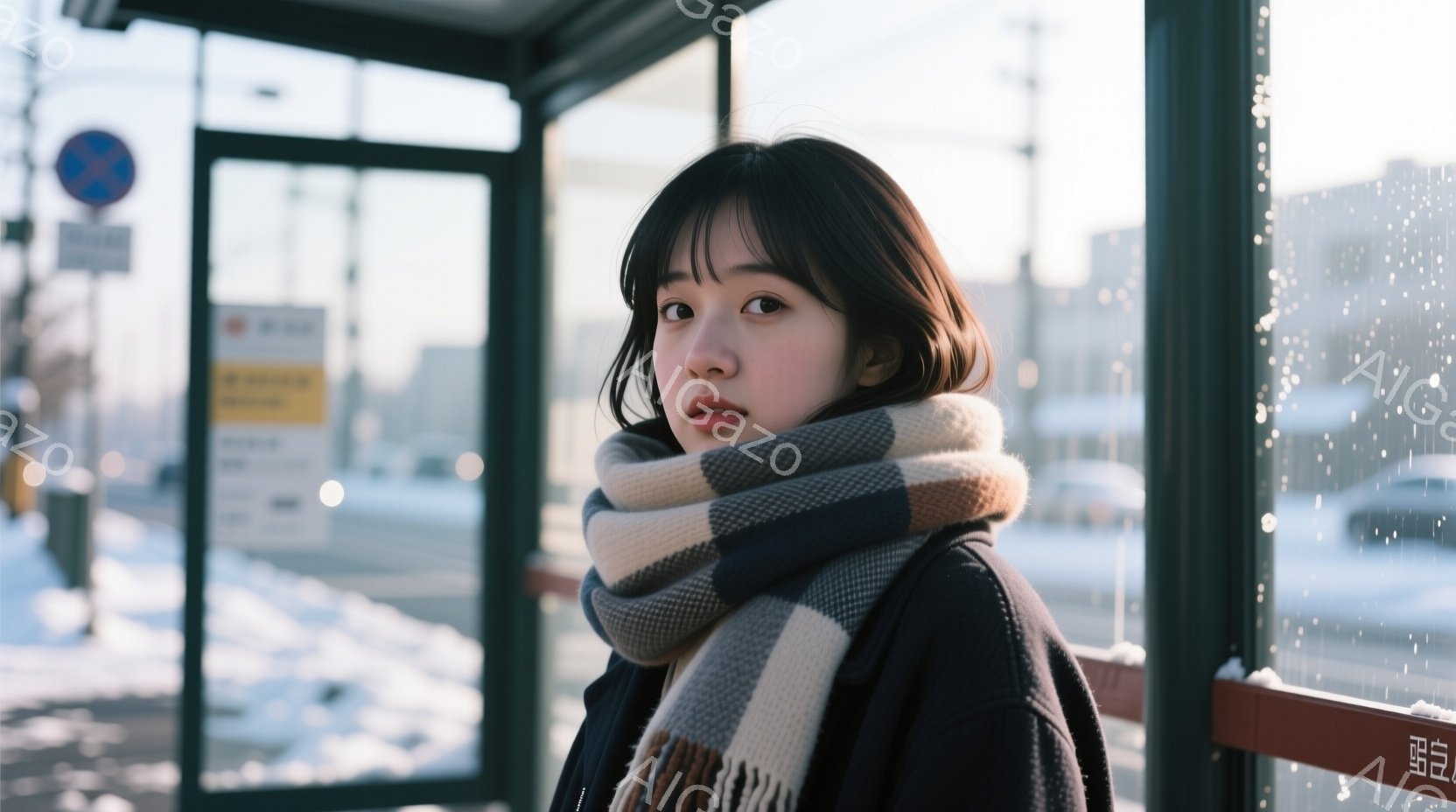 バス停で外を眺める若い女性が写っています。彼女は黒いコートに、ベージュとグレーのチェック柄の厚いマフラーを巻き、前髪を下ろしたダークブラウンのショートヘアです。背景には雪景色が広がり、寒い冬の日の穏やかな雰囲気を醸し出しています。