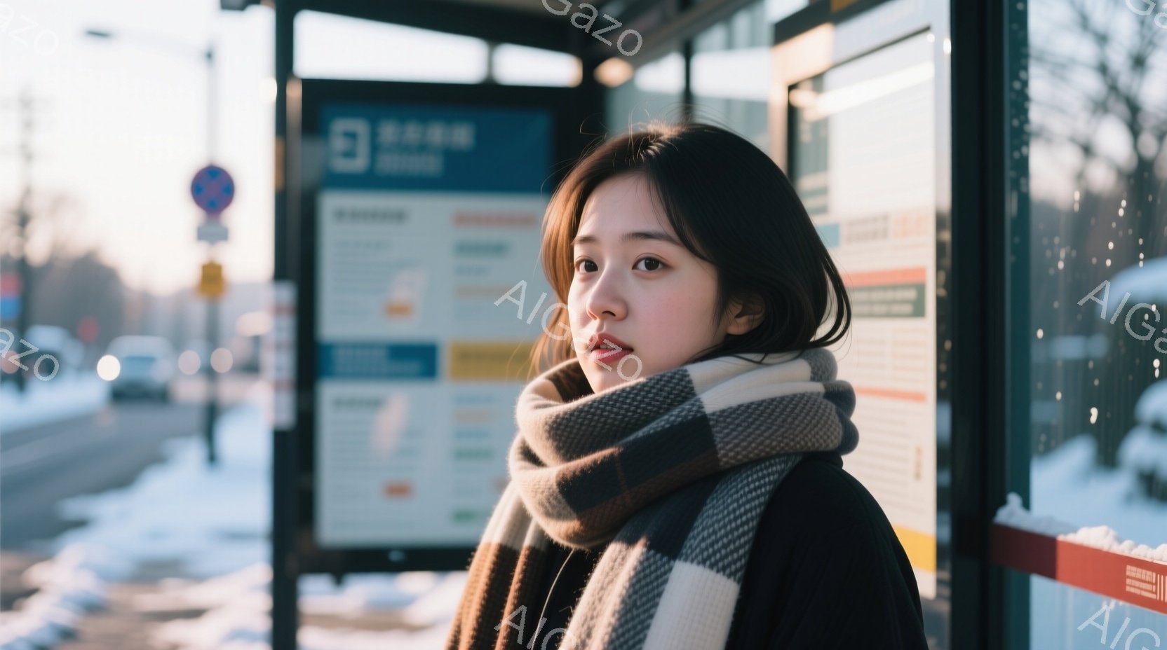 若い女性がバス停で立っており、黒いコートとチェック柄の大きなマフラーを巻いている。彼女は少し憂いのある表情で、少し前を見つめている。背景には雪が積もった道路とバス停の案内板が見え、冬の静かな雰囲気が漂 - AI生成フリー素材