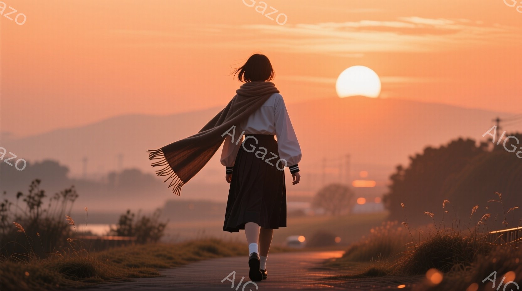 長いスカートと白いブラウスを着た女性が、夕焼けに照らされた道を歩いている。彼女は肩に薄いスカーフをかけており、後ろ姿からは穏やかで静かな雰囲気が伝わってくる。背景には霞んだ山々が見え、オレンジ色の夕焼けが暖かく、ノスタルジックな情景を作り出している。