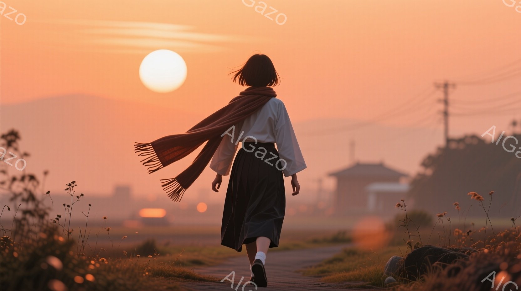 オレンジ色の夕焼けを背景に、黒髪の女性が道を歩いている。白いシャツと黒いスカートを着て、鮮やかなオレンジ色のスカーフが風に吹かれている。道の脇には乾燥した草が生い茂り、遠くには建物の輪郭が見え、全体的に穏やかでノスタルジックな雰囲気である。