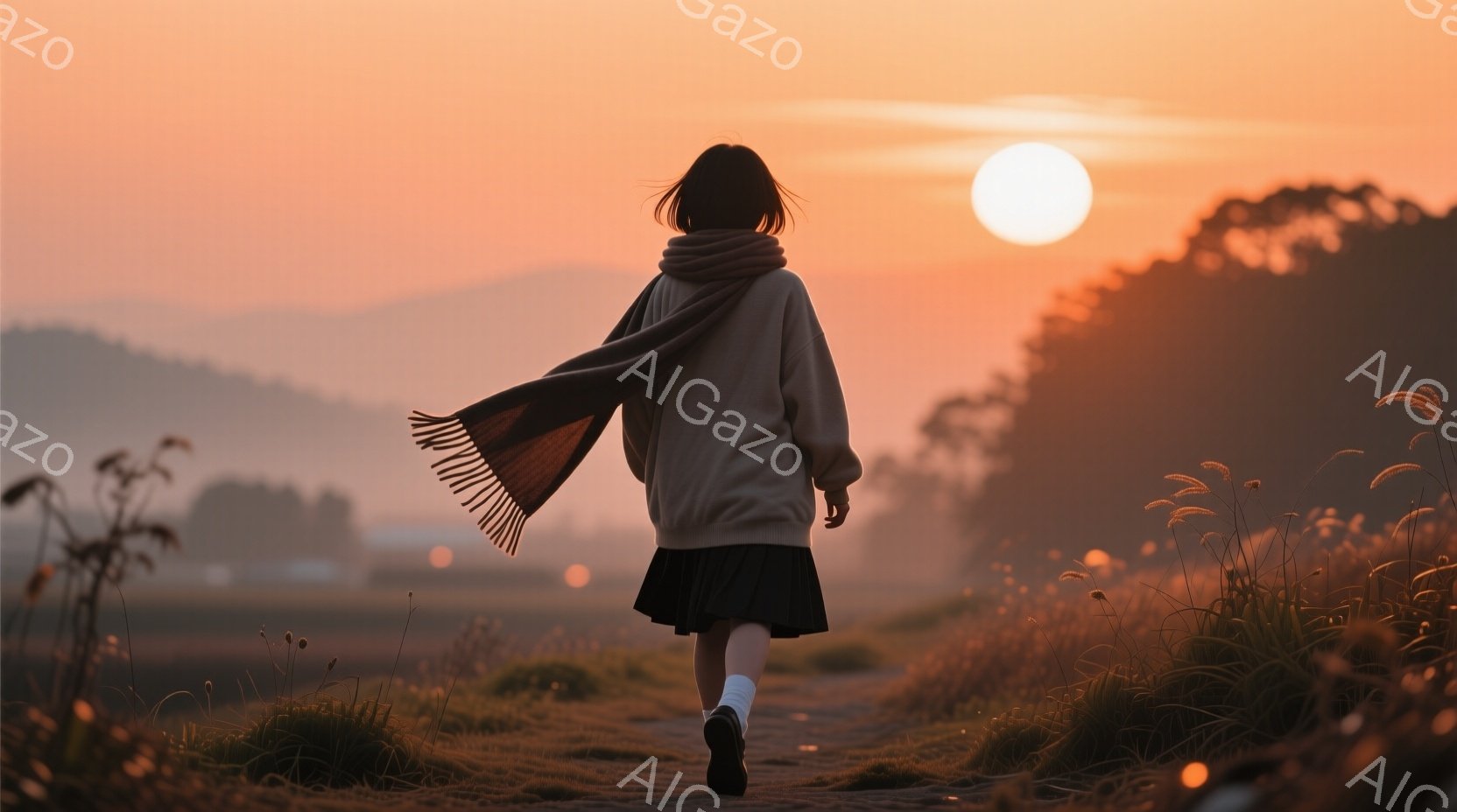 夕焼けに照らされた草原を、黒いスカートと白いソックスを履いた少女が歩いている。彼女は白いセーターを着ており、風になびくスカーフを巻いている。背景にはぼやけた木々が見え、全体的に暖かく、ノスタルジックな - AI生成フリー素材