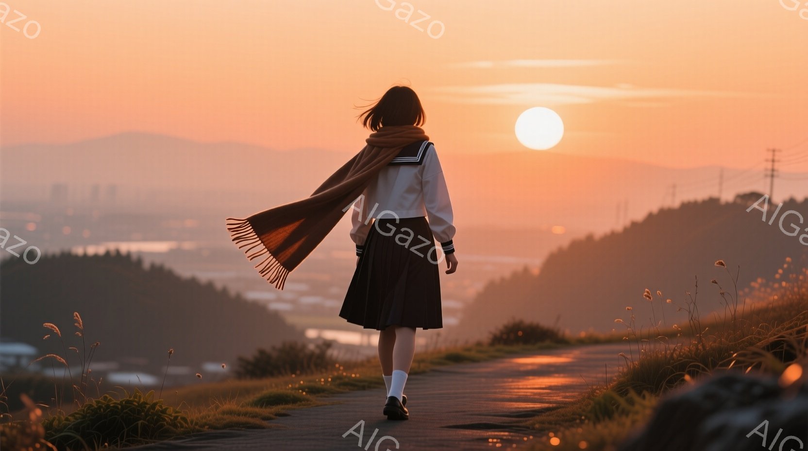 夕焼けを背景に、セーラー服を着た女性が丘の道を歩いている。彼女は長い髪を背中に振り落とし、オレンジ色のスカーフが風に揺れている。遠くには街並みが見え、周囲は緑豊かな丘陵地帯で、穏やかでノスタルジックな - AI生成フリー素材