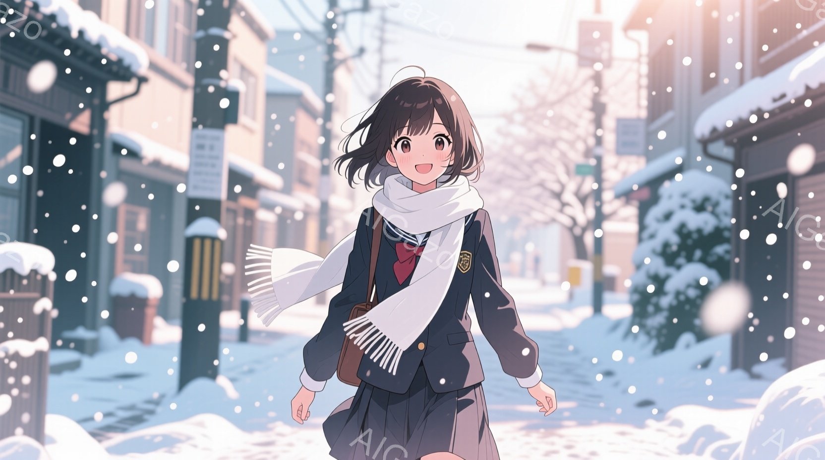 雪が降る街並みを歩く女子高生を描いています。彼女は紺色のブレザー、白いセーター、チェック柄のスカート、そして白いマフラーを身につけ、肩には茶色のバッグをかけています。明るい表情で前を見据え、少し頬を赤らめており、冬の暖かく穏やかな雰囲気を醸し出しています。