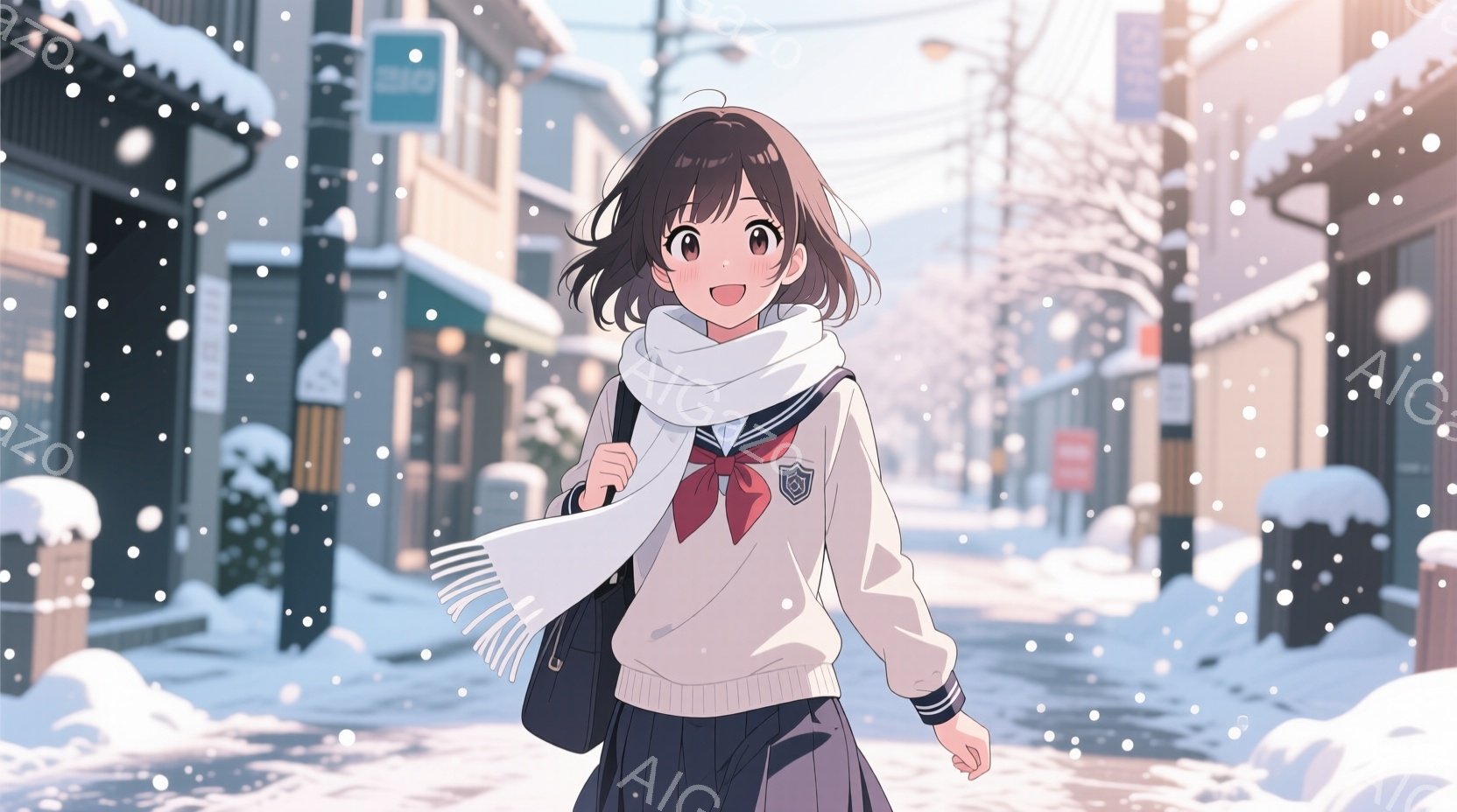 茶色の髪を肩まで伸ばした少女が、冬の雪景色の中を歩いている。紺色のリボンと白いセーター、チェックのスカート、そしてマフラーを身に着け、肩にかけたバッグを持っている。背景には雪で覆われた建物や木々が並び - AI生成フリー素材