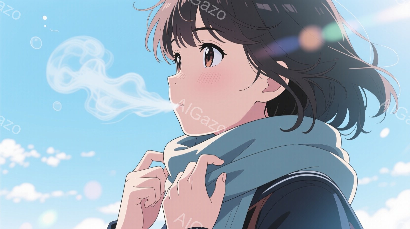 短い黒髪の少女が描かれており、頬は少し赤らんでいる。彼女は青いマフラーを首に巻き、冷たい空気の中で白い息を吐き出している。背景は晴れた青空で、少し雲があり、冬の冷たい、しかし穏やかな雰囲気を表現している。