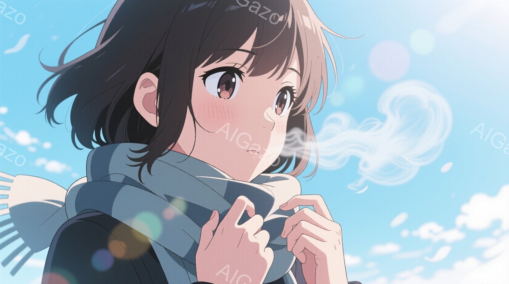 少女は肩にショールをかけ、温かい飲み物を両手で抱えています。彼女は黒髪で、頬は赤く、穏やかな表情を浮かべています。背景は晴れた青空で、光のフレアが散りばめられ、冬の穏やかな雰囲気を醸し出しています。 - AI生成フリー素材