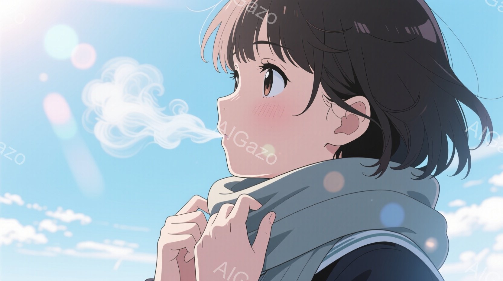 短い茶色の髪の少女が描かれており、頬はほんのり赤らんでいる。彼女は青いマフラーを巻き、息を吐いて白い蒸気を空中に漂わせている。背景は明るい青空で、白い雲と柔らかな光のフレアが散りばめられており、冷たい - AI生成フリー素材