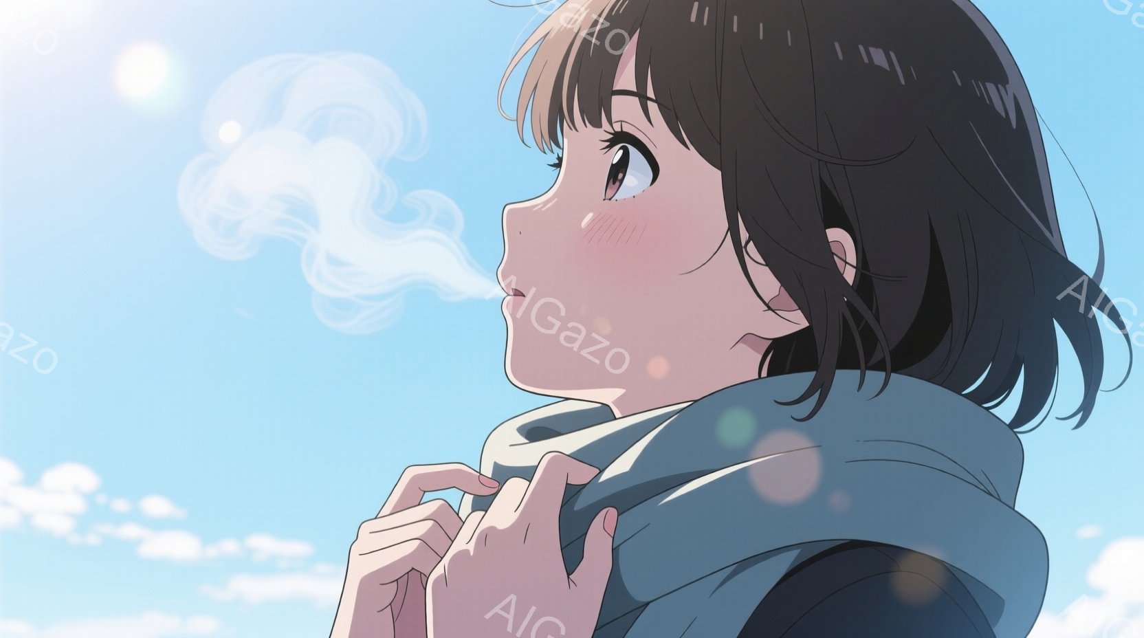 短い黒髪の女性が描かれており、頬はわずかに赤らんでいる。彼女は青いセーターを着ており、両手でセーターを抱え、息を吐いて白い湯気が立ち上っている。背景は晴れた青空で、穏やかで少し寒々しい雰囲気を醸し出している。