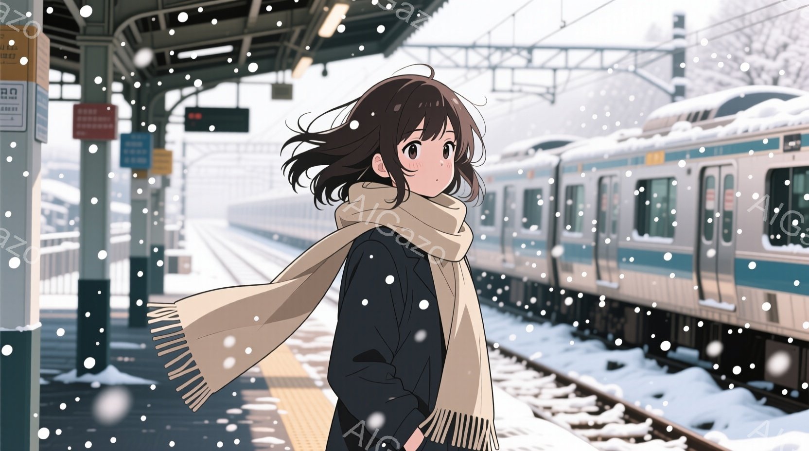 茶髪の少女が雪が降る駅のホームに立っている。彼女は黒いコートと白いマフラーを身に着け、少し横を向いて何かを待っているような姿勢をしている。背景には雪景色が広がり、列車が停車しており、冬の静かで少し寂しげな雰囲気が漂っている。