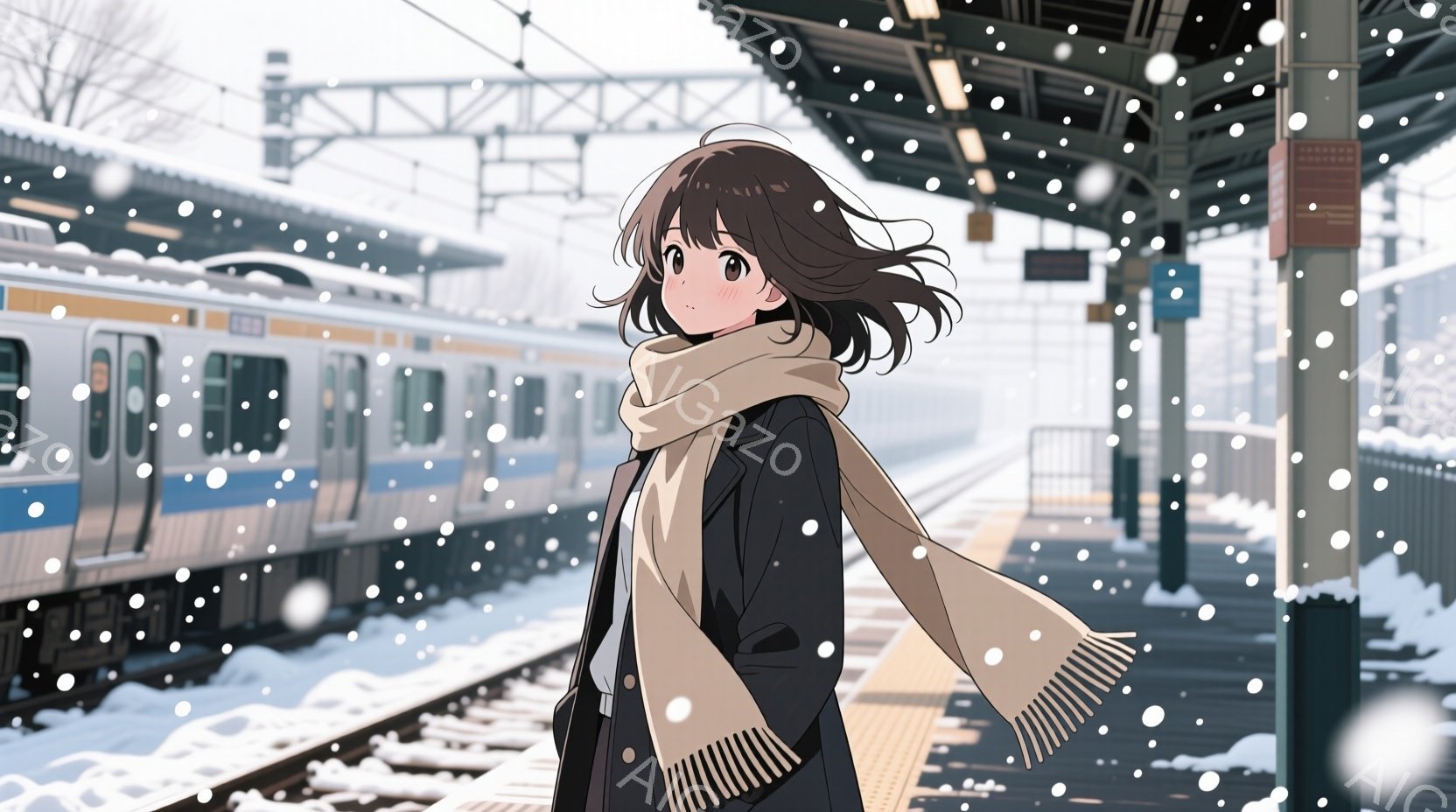 茶髪の女性が駅のホームに立っており、黒いコートと白いストライプの入ったオフホワイト色のマフラーを巻いています。彼女は少し横を向き、穏やかな表情で吹雪の中に立っています。背景には雪景色が広がり、電車が停 - AI生成フリー素材
