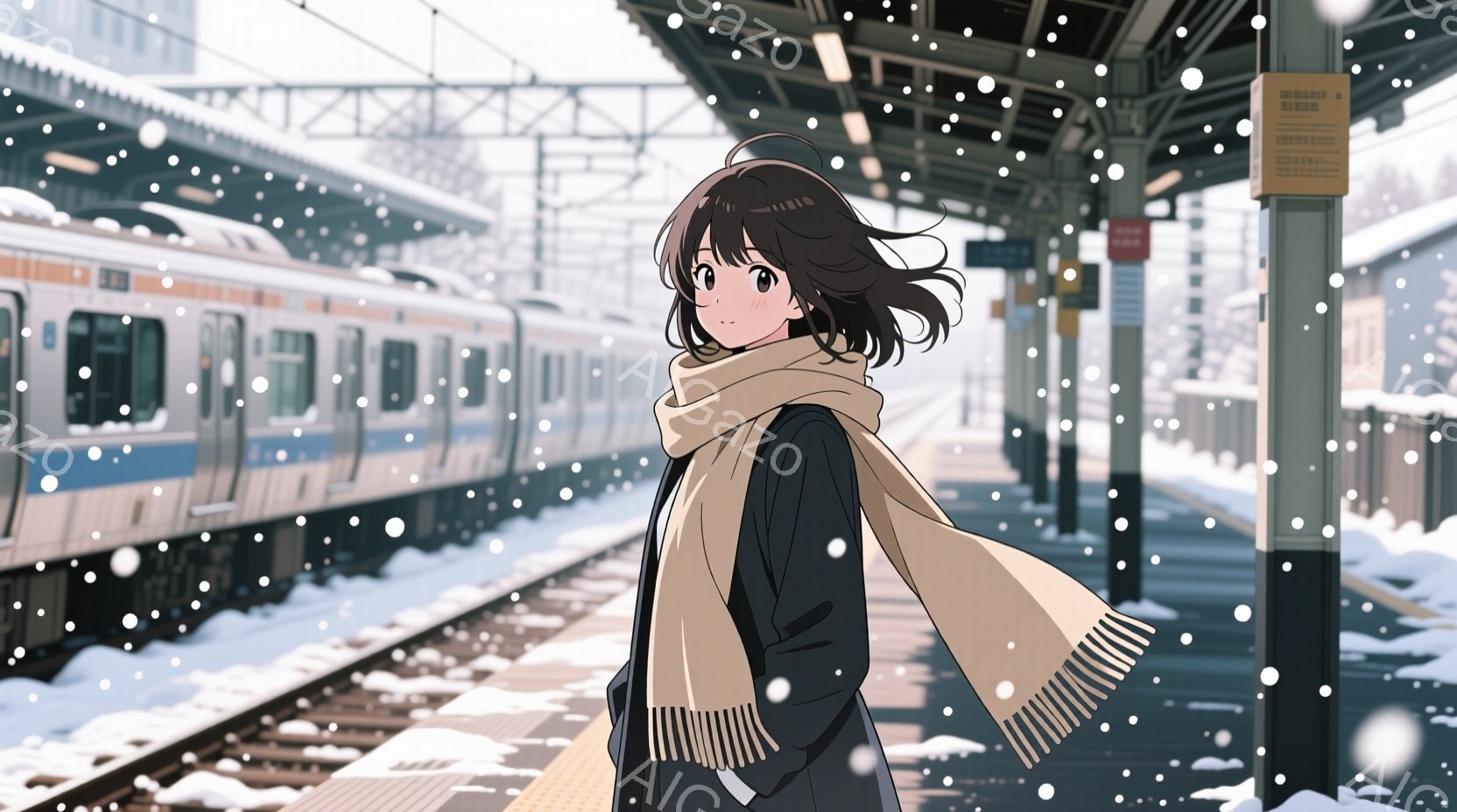 雪が降る駅のホームに立つ少女が描かれています。彼女は黒髪で、毛先が少しカールしています。黒いコートにオフホワイトの長いマフラーを巻き、少し寒そうにホームの柱に寄りかかっています。 - AI生成フリー素材