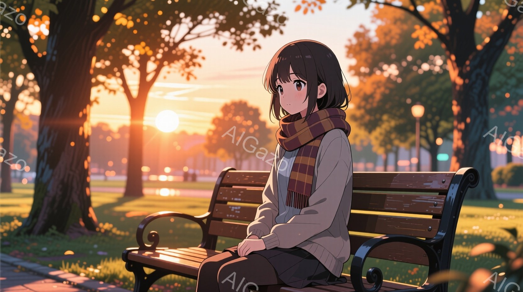 夕暮れ時の公園のベンチに座る若い女性が描かれています。彼女はベージュのセーターと黒いスカートを着用し、オレンジと黒のストライプのスカーフを巻いています。背景には木々が生い茂り、夕焼け空が広がり、穏やかで物憂げな雰囲気が漂っています。