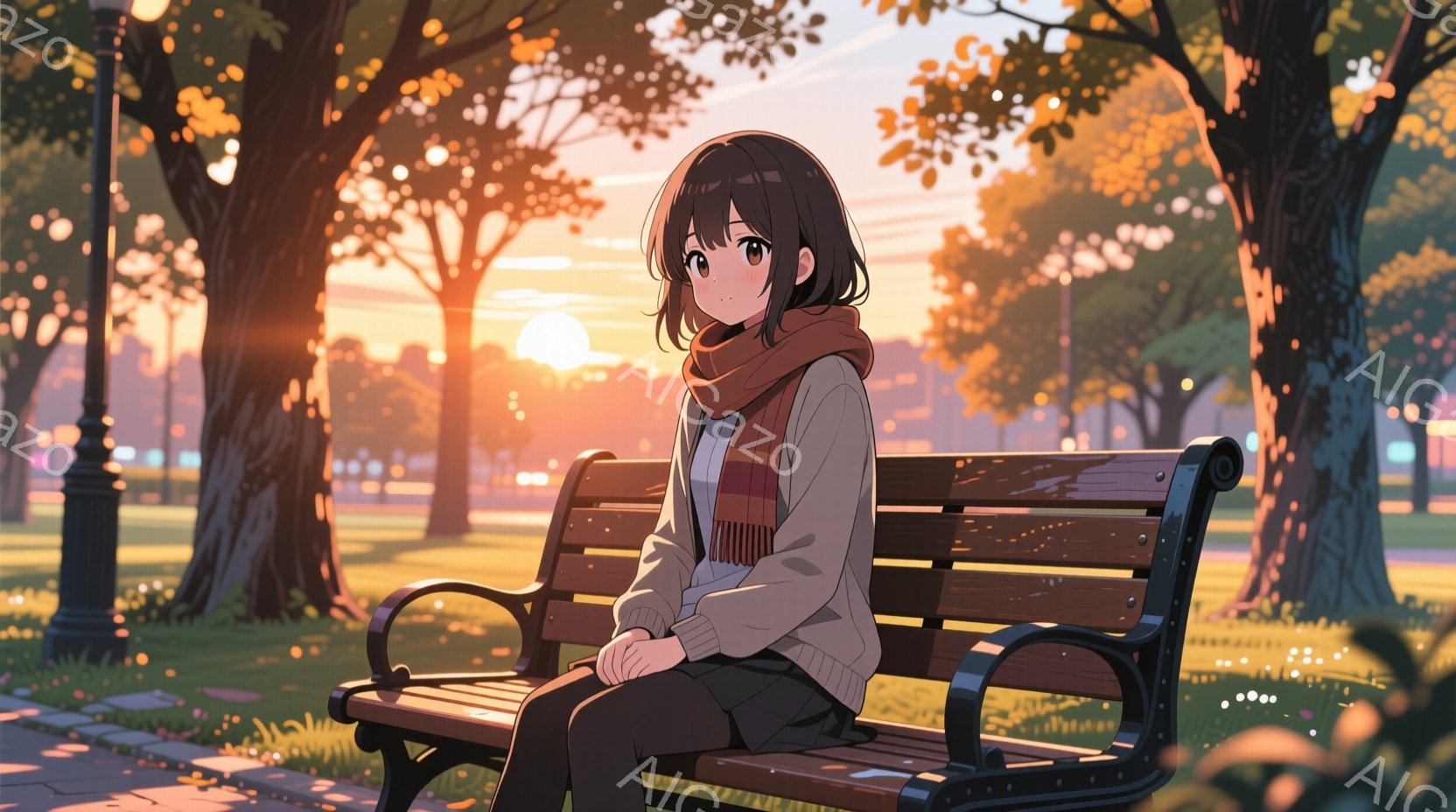 少女は公園のベンチに座っており、暖かいセーターとマフラーを身につけ、黒いズボンを履いています。彼女は少し物憂げな表情で、膝を曲げて座っており、リラックスした様子が伺えます。背景には夕焼けが広がり、木々 - AI生成フリー素材