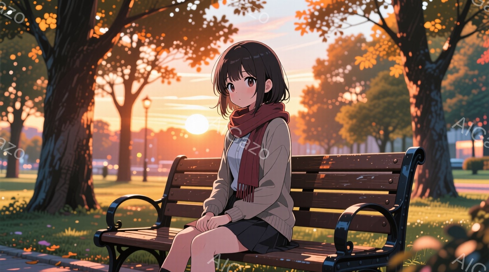 短い茶色の髪の少女が公園のベンチに座っており、白いセーターと黒のスカート、赤いマフラーを身に着けている。彼女は少しうつむき加減で、物憂げな表情を浮かべている。背景には夕焼け空と木々が広がり、穏やかで少 - AI生成フリー素材
