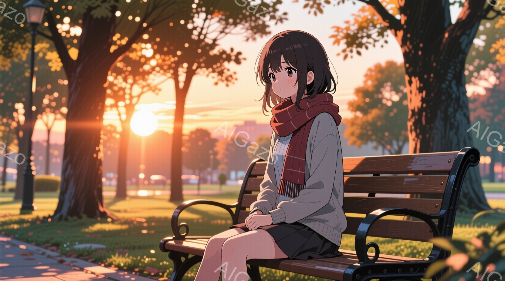 短い黒髪の少女が公園のベンチに座っており、白いセーターにスカート、そして赤いストールを巻いています。彼女は少し物憂げな表情で、うつむき加減に座っており、秋の夕暮れのような穏やかで少し寂しげな雰囲気を醸 - AI生成フリー素材