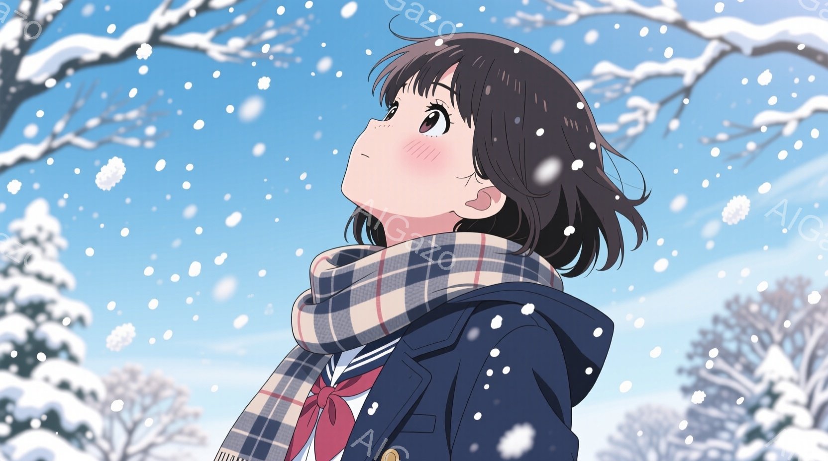 少女は紺色のコートとセーラー服を着ており、首にはチェック柄のマフラーを巻いています。彼女は空を見上げ、頬をほんのり赤らめ、雪が舞う冬の日に向かって微笑んでいます。背景には雪で覆われた木々と、明るい青空が広がっており、全体的に温かく穏やかな雰囲気が漂っています。