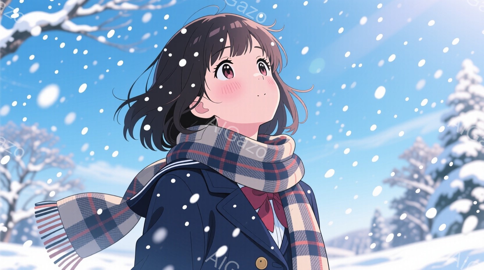 茶色の短い髪の少女が雪景色の中を振り返っています。紺色のブレザーに赤いリボン、チェック柄の暖かいマフラーを巻いており、頬は赤く染まっています。背景には雪に覆われた木々と、明るい空が広がっており、冬の穏 - AI生成フリー素材