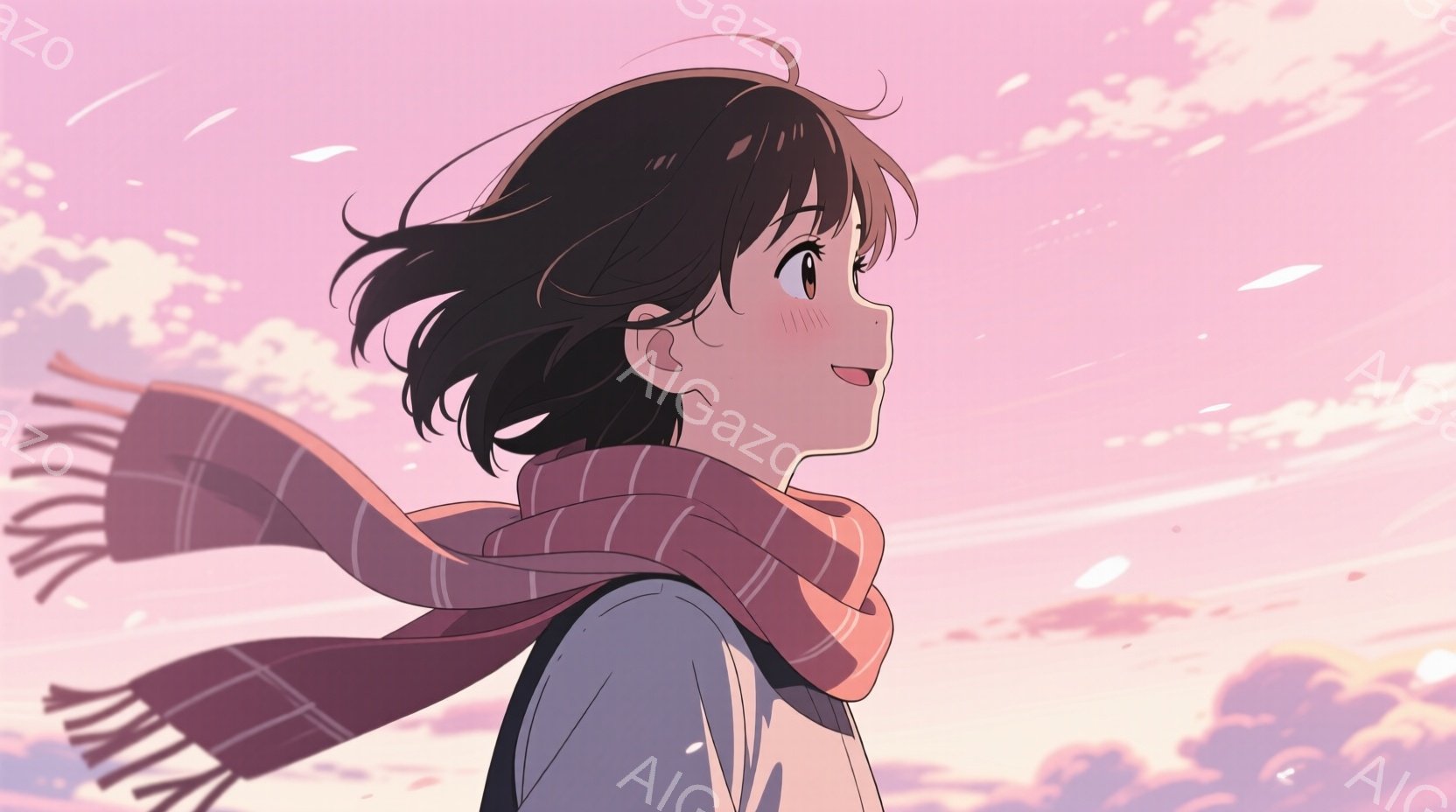 短い黒髪の少女が、ピンクと紫が混ざった夕焼け空を背景に、横顔で描かれています。彼女はチェック柄の長いスカーフを巻き、白いセーターを着ており、少し頬を赤らめて微笑んでいます。空には雲が流れ、全体的に暖か - AI生成フリー素材