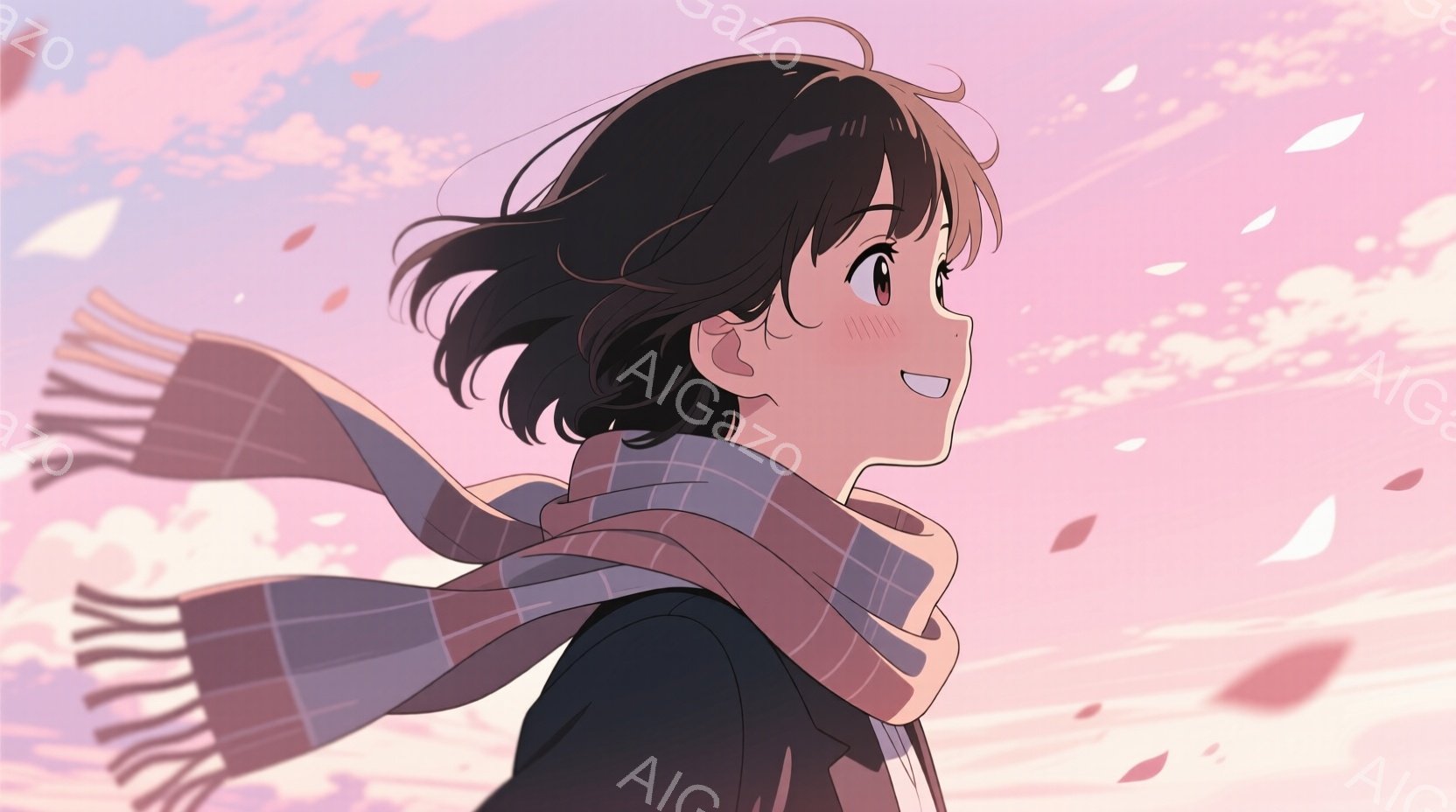 少女は肩にチェック柄のストールをかけ、微笑んでいます。彼女は黒髪で、少し風になびいています。背景はピンクと紫のグラデーションの空で、舞い散る花びらが春の暖かさを感じさせます。
