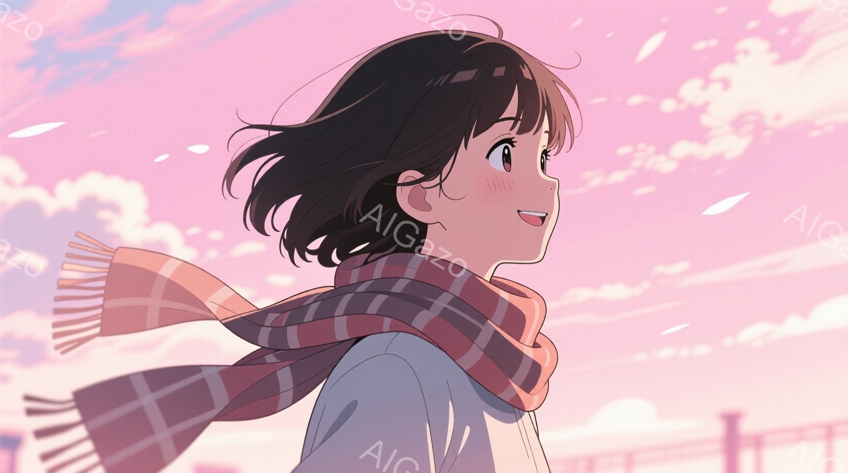 この女性は、肩まで届くダークブラウンの髪を軽くふわりとさせており、頬にはうっすらと赤みが差している。白いセーターにチェック柄の赤いスカーフを巻き、少し上目遣いで微笑んでいる。背景は夕焼けのようなピンクとオレンジ色の空で、遠くに建物のシルエットが見え、穏やかで暖かい雰囲気を醸し出している。