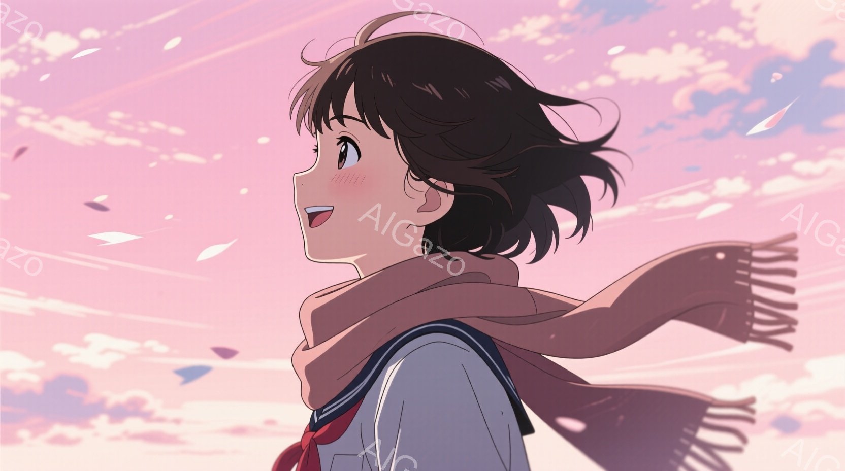 ショートカットの黒髪で、頬を赤らめた若い女性が描かれています。紺色のセーラー服に赤いスカーフを巻き、顔は右向きで少し上を見上げており、口元は微笑んでいます。背景は、ピンクと紫がかった夕焼け空で、桜の花びらが舞い散っており、全体的に暖かく、希望に満ちた雰囲気を醸し出しています。