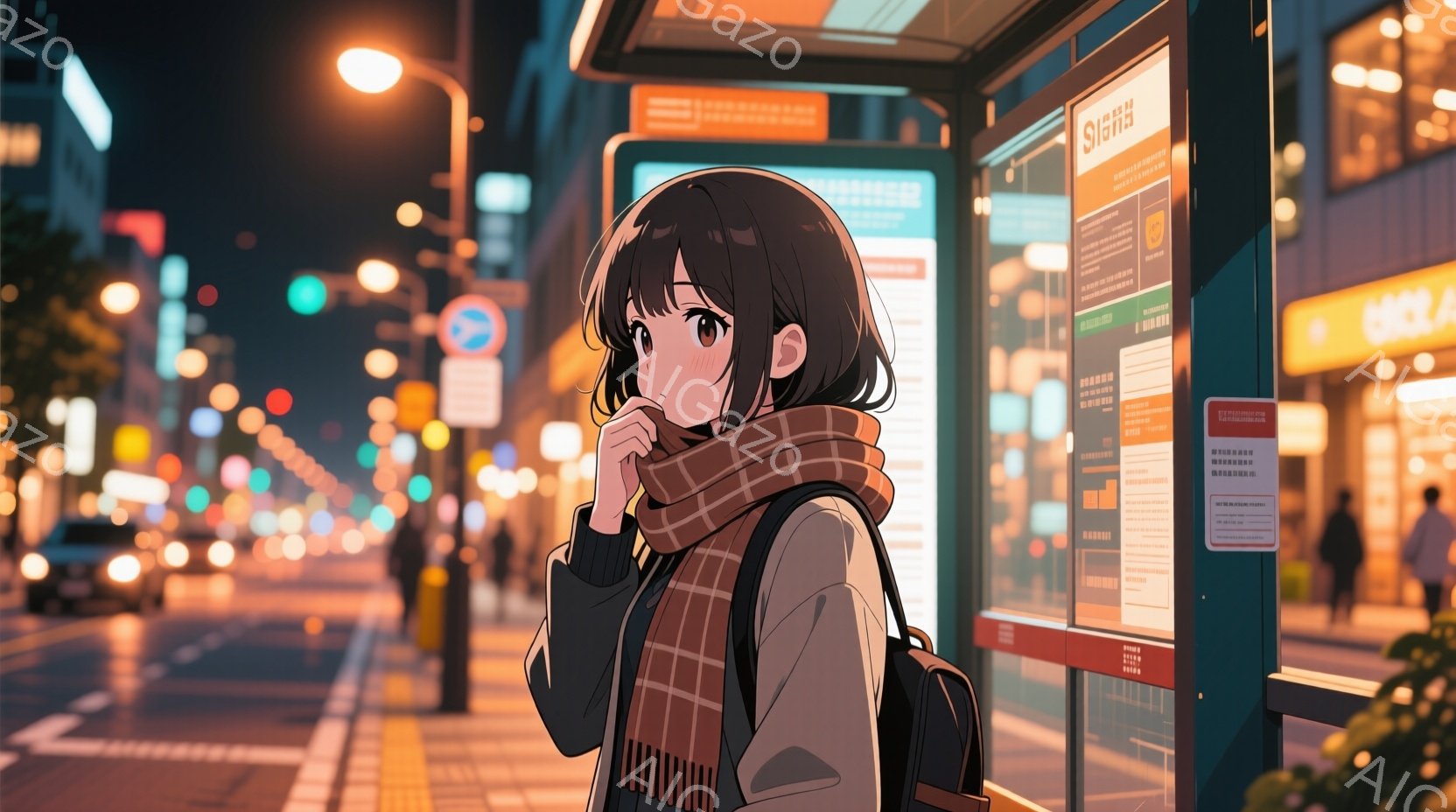 短い茶色の髪をした若い女性が描かれています。彼女は黒いセーターにオレンジ色のストールを巻き、バックパックを背負っています。背景は夜の街並みで、バス停の看板とぼやけた街灯が確認できます。