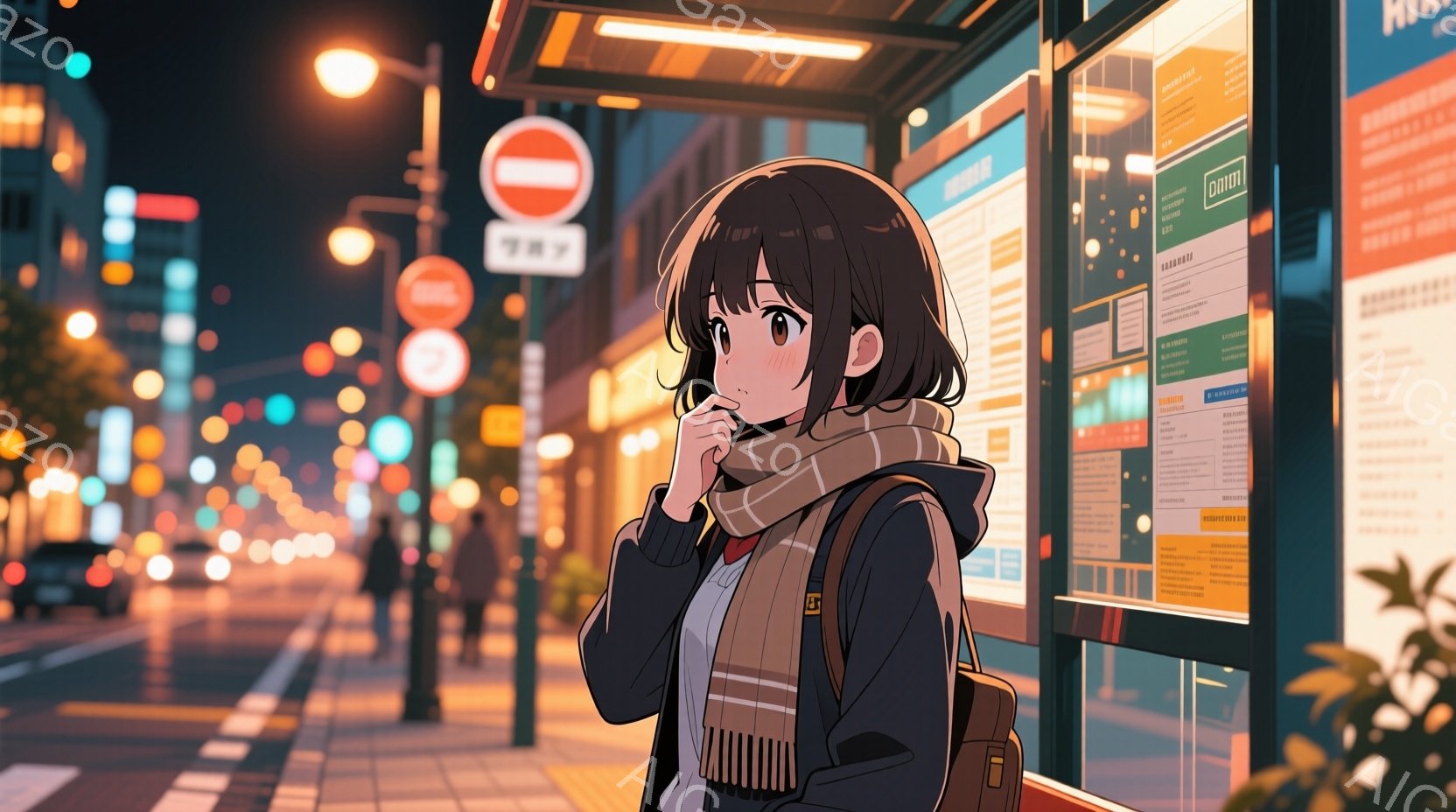 茶髪のショートヘアの女性がバス停で物思いにふけっています。彼女は黒のジャケット、ベージュのストール、そしてリュックサックを身に着けており、少し寂しげな表情をしています。背景には夜の街並みが広がり、ぼや - AI生成フリー素材