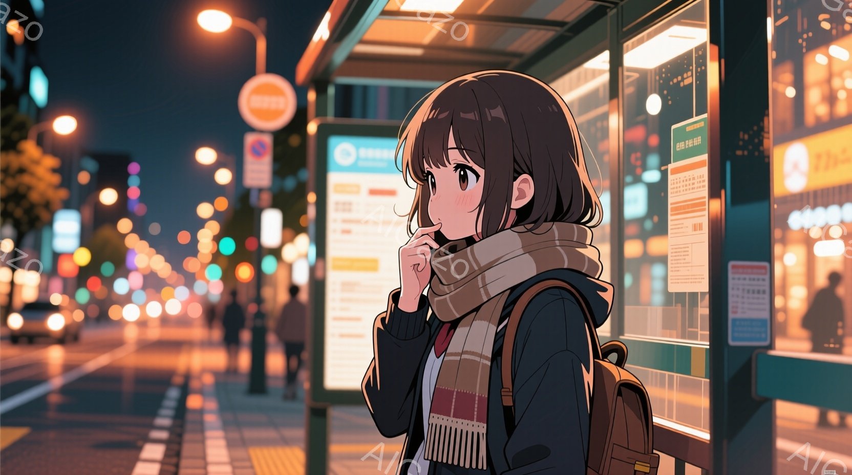 茶髪のショートヘアで、マフラーを巻いた若い女性がバス停で立っています。彼女はリュックサックを背負い、少し物憂げな表情で遠くを見つめています。背景には夜の街並みがぼやけ、暖色の光がバス停を照らし、少し寒々しいけれど温かい雰囲気を作り出しています。