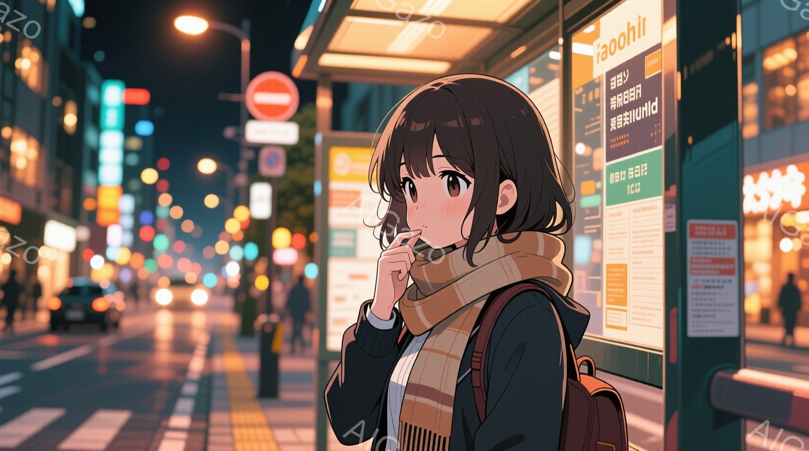 暗い街並みのバス停に立つ若い女性が描かれています。彼女はダークトーンのコートに、明るいオレンジ色のマフラーを巻き、肩にリュックサックを背負っています。少し憂いのある表情で遠くを見つめ、秋の夜の寂しげな雰囲気を醸し出しています。