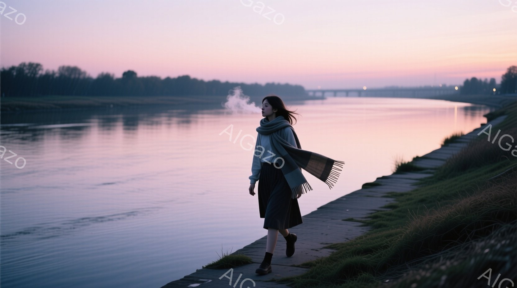 長い髪をなびかせ、ベージュのセーターとダークグレーのスカートを身につけた女性が、川沿いの遊歩道を歩いている。背景には、霧のかかった川と、遠くに見える橋が見え、空はピンクと紫のグラデーションで覆われてい - AI生成フリー素材