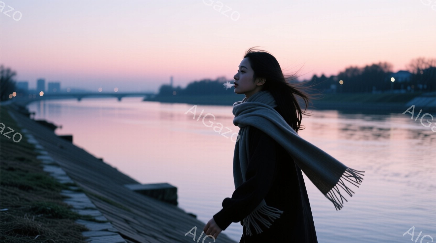 長い黒髪を風になびかせ、ベージュ色のマフラーを首に巻いた女性が、川沿いの遊歩道を歩いている。彼女は黒いコートを着ており、横顔はどこか憂いを帯びているように見える。背景には穏やかな川と、薄明かりの中にぼんやりと見える建物群が広がり、全体的に静かで物憂げな雰囲気を醸し出している。