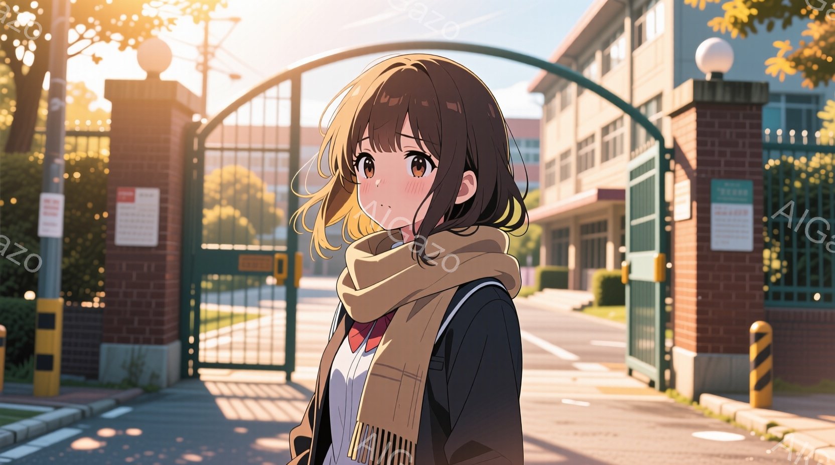 茶髪の少女が、学校の門前に立っている。彼女は白いブラウスに赤いリボン、ベージュ色のスカーフを巻き、肩にリュックサックをかけている。背景にはレンガ造りの校舎と緑の木々が広がり、暖かい日差しが降り注いでいるため、どこか懐かしい雰囲気を感じさせる。