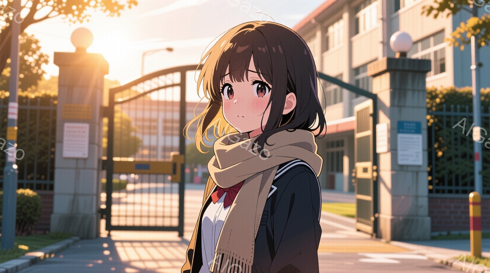 制服を着た若い女性が正面のゲートを見ている様子を描いています。彼女は茶色のゆるいウェーブヘアで、少し微笑んだ表情をしており、首にはベージュの暖かいスカーフを巻いています。背景には、木々や建物が見え、夕暮れ時の暖かく穏やかな光が全体を包み込んでいます。