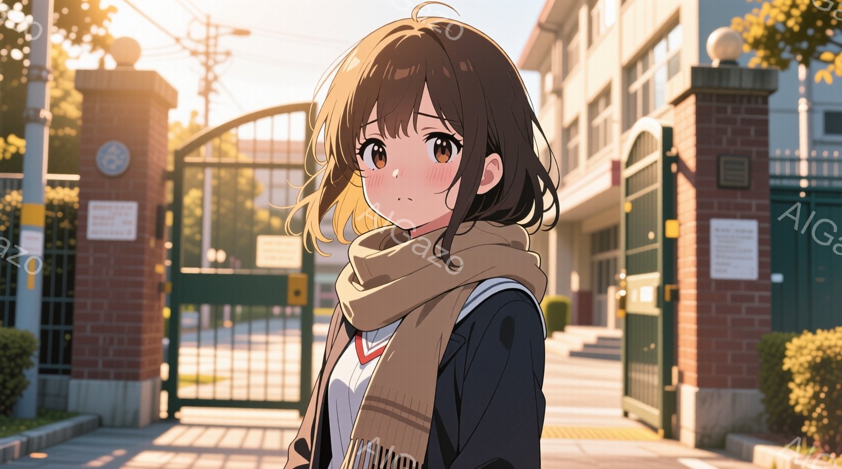 茶髪の少女が、学校の門の前で少し振り返っています。彼女は黒いジャケットに白いシャツ、そしてオレンジ色のマフラーを巻いており、少し照れたような表情をしています。背景にはレンガ造りの建物と緑の生垣、そして暖かい日差しが広がっており、青春を感じさせる穏やかな雰囲気が漂っています。