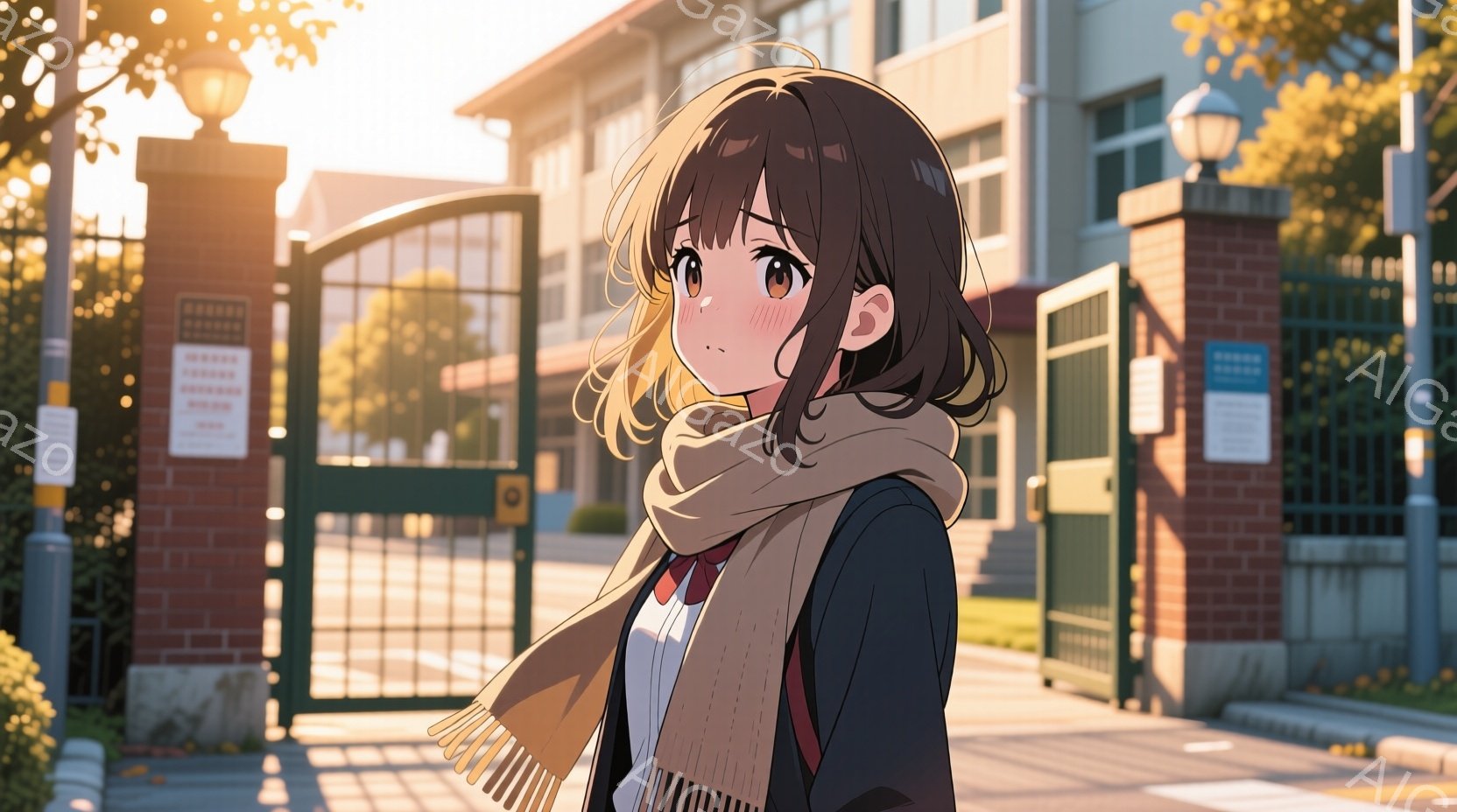 茶色の巻き毛の髪をした若い女性を描いています。彼女は黒いジャケット、白いシャツ、赤いリボン付きのネクタイを着て、ベージュ色のスカーフを首に巻いています。彼女は少し顔を赤らめ、どこかを見つめながら、校門の前に立っています。