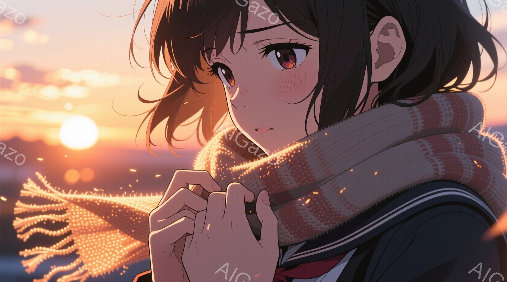 長い茶色の髪の少女が、オレンジとベージュの縞模様のマフラーを体に巻き付けている。彼女は深い青色のセーラー服を着ており、少し悲しげな表情で前を見つめている。背景には、夕焼け空と、ぼんやりと見える都市のシ - AI生成フリー素材