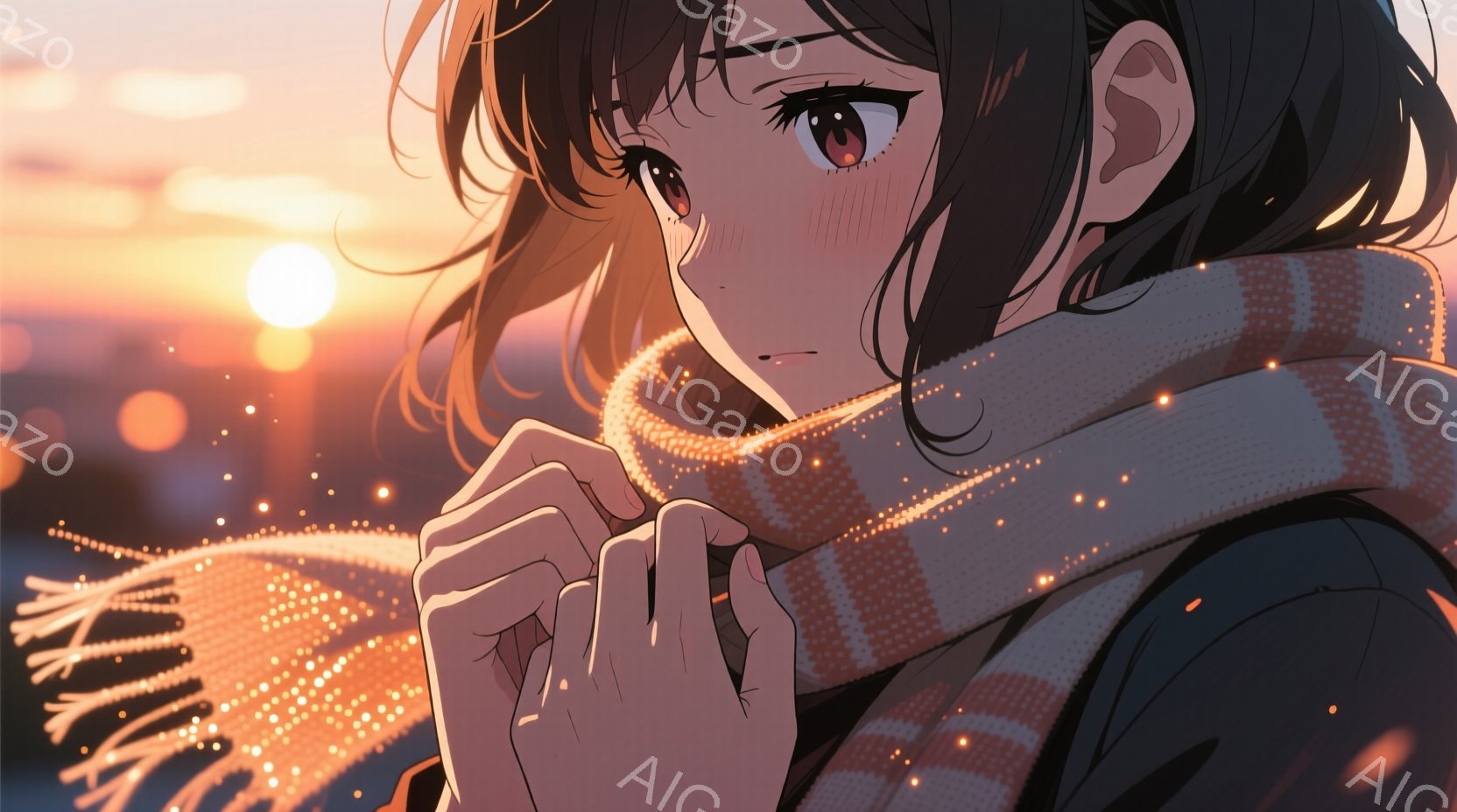 茶髪の少女がオレンジ色のマフラーを体に巻き付けています。彼女は少し恥ずかしそうな表情で、暖かさを求めているようです。背景には夜景が広がり、街の灯りと夕焼けが暖かく優しい雰囲気を醸し出しています。