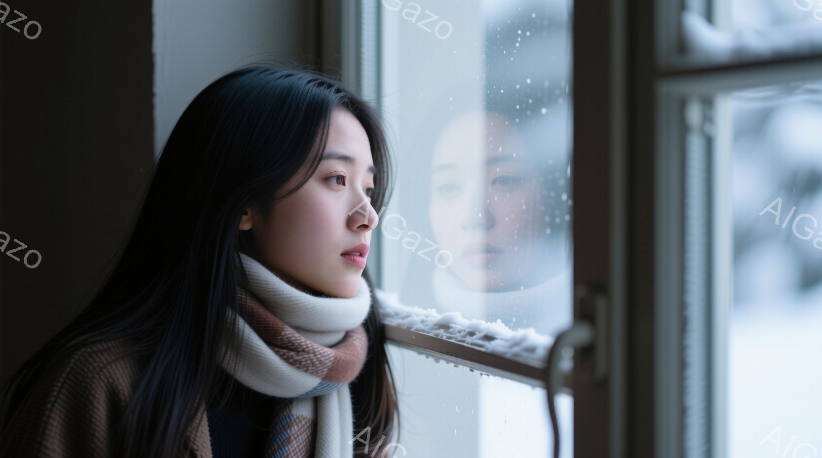 長い黒髪をなびかせ、ベージュのセーターとチェック柄の暖かいスカーフを巻いた若い女性が窓の外を見つめている。彼女の表情は穏やかで少し憂いを帯びており、雨で濡れた窓ガラスに自分の姿がぼんやりと映り込んでい - AI生成フリー素材