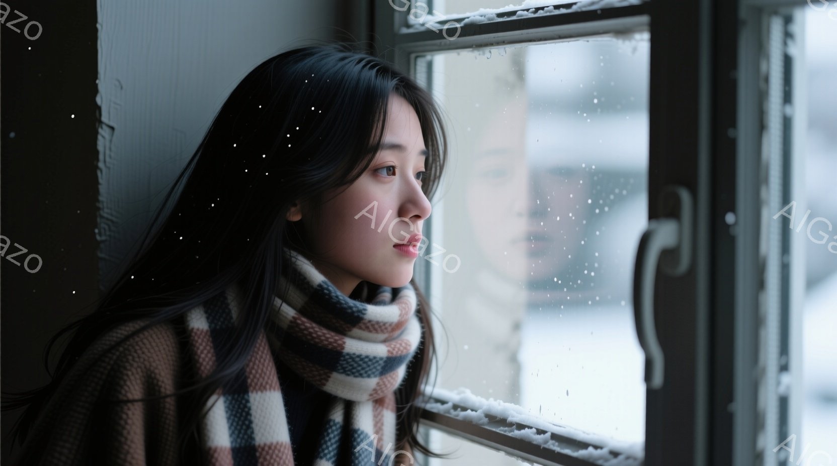 長い黒髪の女性が窓の外を見つめている。彼女はチェック柄のセーターとマフラーを身につけ、憂いのある表情を浮かべている。窓の外は雪景色で、建物の一部が見え、全体的に物憂げで静かな雰囲気が漂っている。 - AI生成フリー素材
