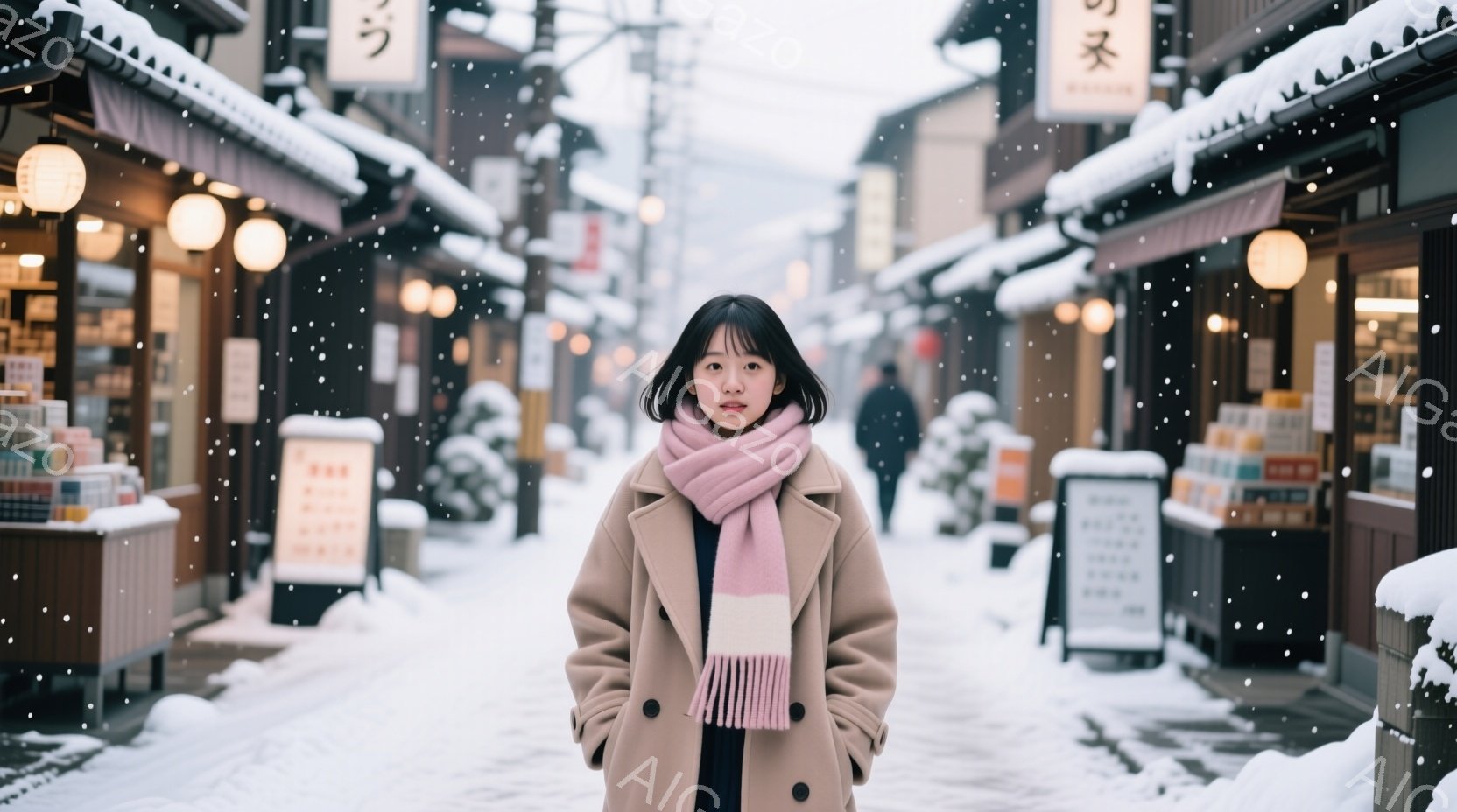 長い黒髪の女性が、ベージュ色のコートとピンクと白のストールを身につけて、雪が降る通りに立っている。彼女は両手をポケットに入れ、やや微笑んだ表情で、落ち着いた雰囲気である。背景には木造の建物が並び、雪景 - AI生成フリー素材
