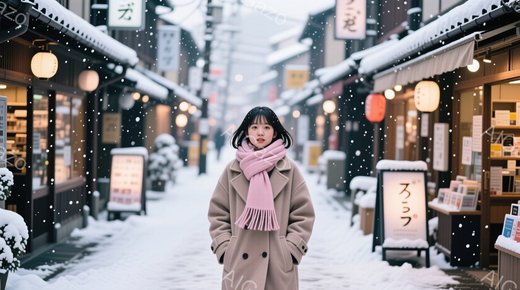 ピンクのストールを巻いた若い女性が、ベージュ色のコートを着て立っています。彼女は前を向き、わずかに微笑んでおり、両手をポケットに入れています。背景には雪が降り積もった古い街並みが広がり、両脇には提灯が - AI生成フリー素材