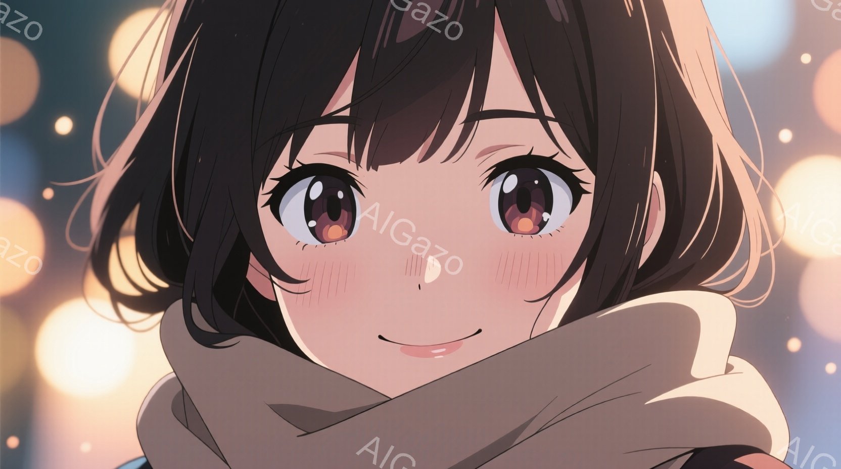 頬を赤らめた若い女性のアップです。彼女は茶色のカールした髪で、笑顔を見せ、首に白いスカーフを巻いています。背景はぼやけた黄色の光で構成されており、暖かく幻想的な雰囲気を醸し出しています。